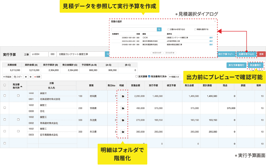 親階層の入力内容が子階層(明細)に自動入力 見積・予算・発注金額の各々で管理可能 仕入先ごとの発注書を一括出力