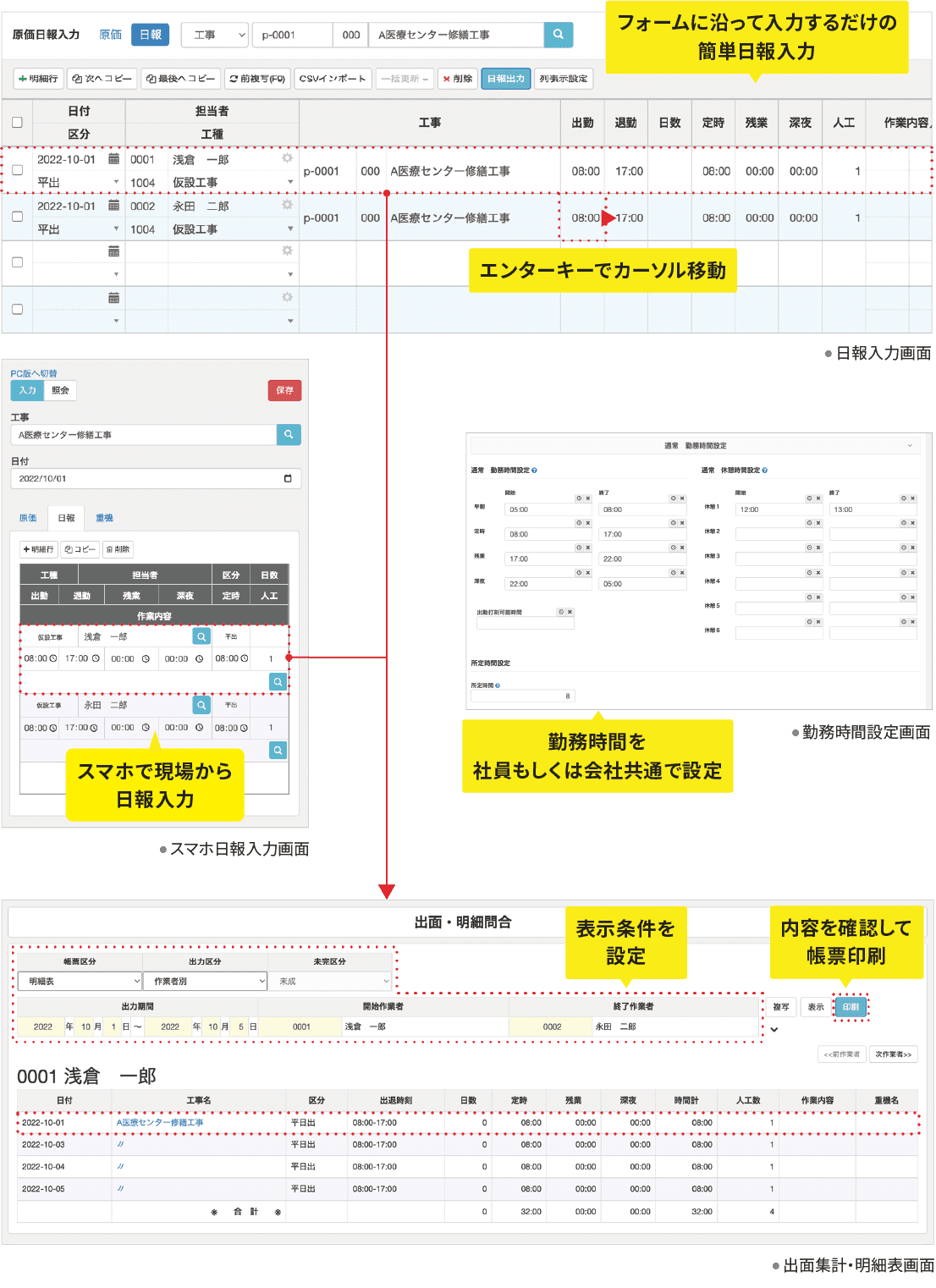 フォームに沿って入力するだけの簡単日報入力 勤務時間と各種設定から残業・深夜時間を自動計算