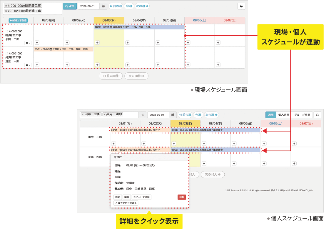 詳細内容をクイックに確認 個人・現場スケジュールが連動できる 